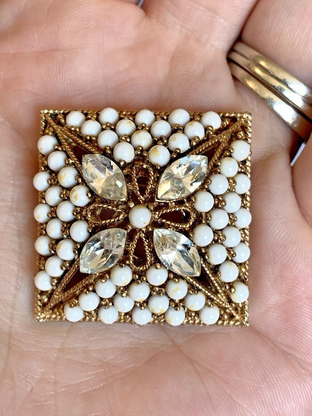 Vintage Capri White Milk Glass Rhinestone Domed Pyramid Brooch Pin Gold Tone